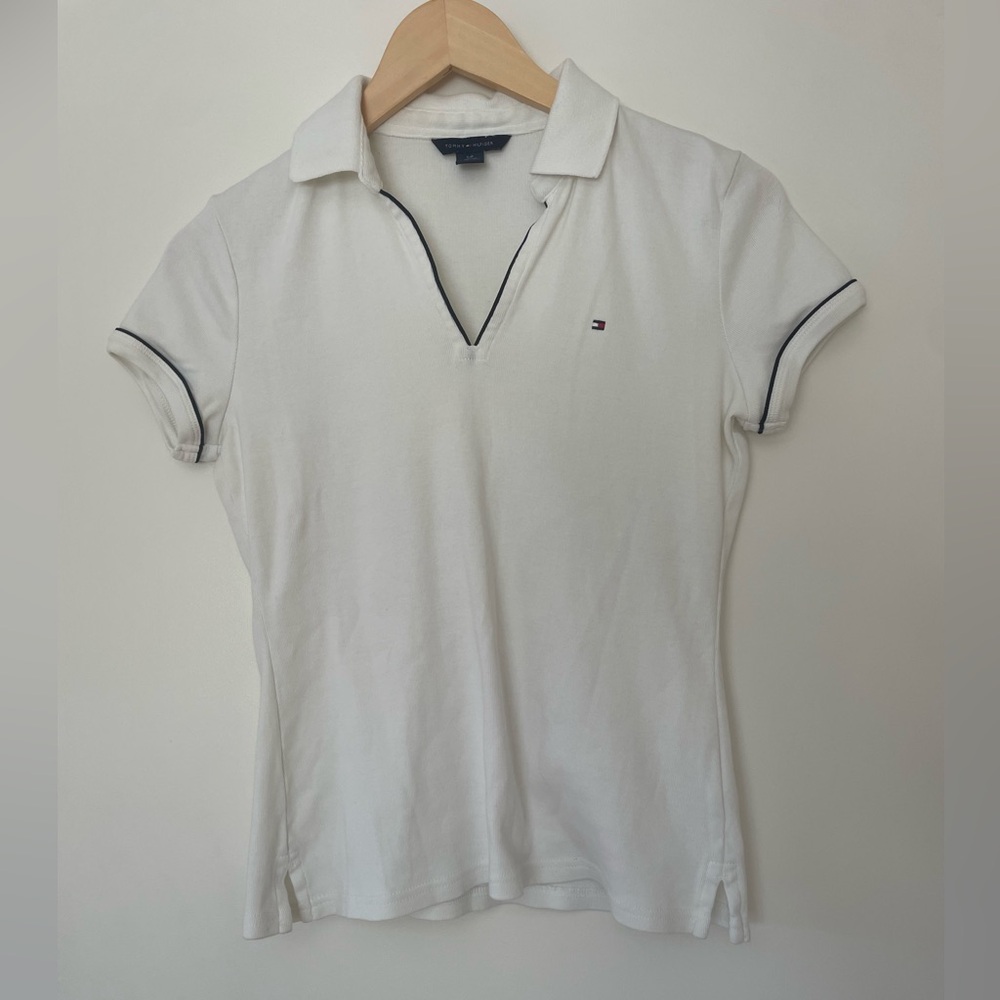 Tommy Hilfiger White Polo-Style V-Neck Tee with Navy Trim